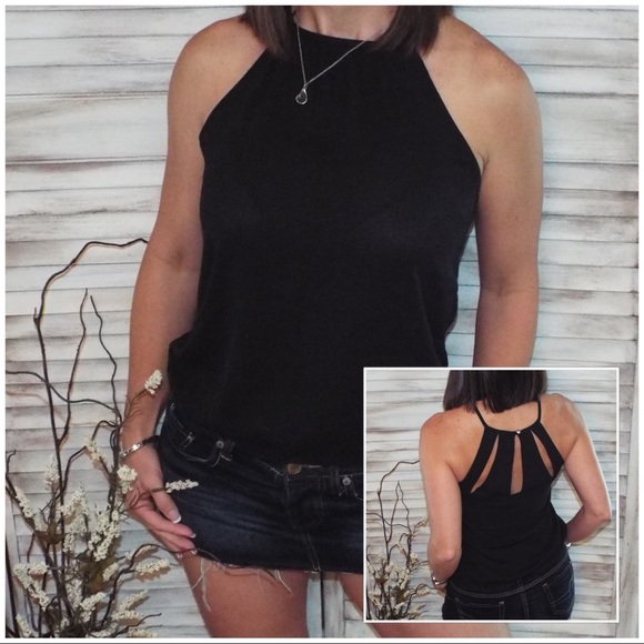 Tops - Multi Keyhole Chiffon Halter Tank Black 1018